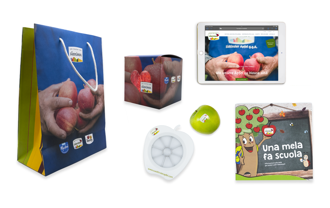 Anwendungsbeispiele Südtirol g.g.A.-Zeichen Apfel und Marke Apfelkonsortium